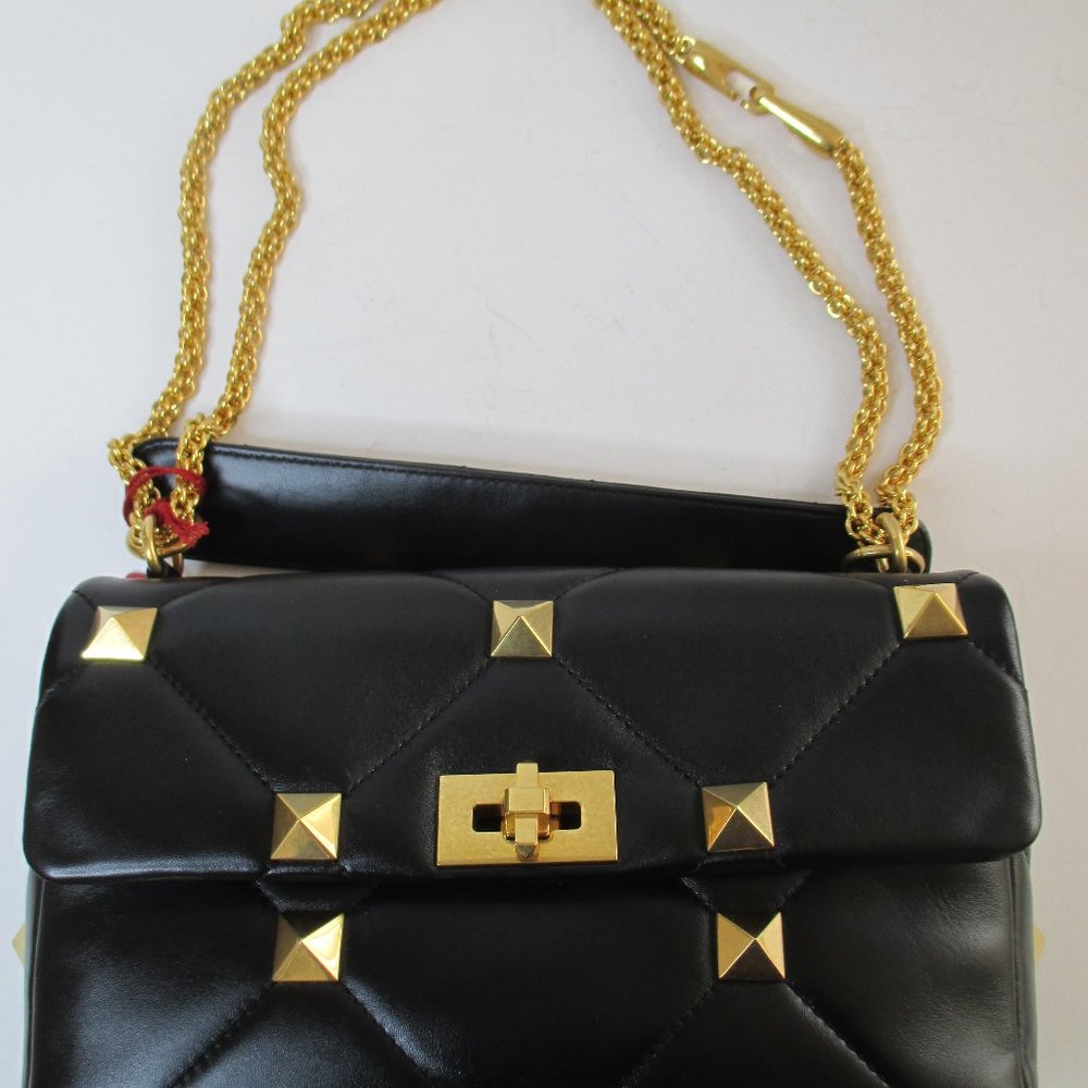 Valentino Garavani Large Shoulder Bag Leather With Brass Studs Made In Italy NWT